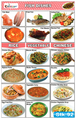 Fish Dishes, Rice, Vegetable and Chinese Food Stickers